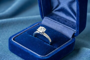 single diamond ring in a blue velvet case