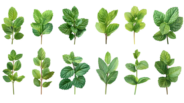 Collection of fresh mint leaves in different orientations isolated on white background
