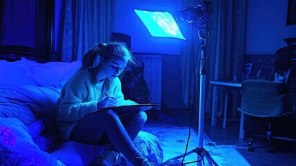 Fototapeta premium Teenager drawing in a dimly lit room, illuminated by a blue light