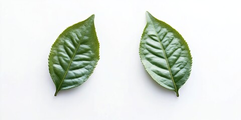 Obraz premium Two green leaves placed side-by-side on a white background.