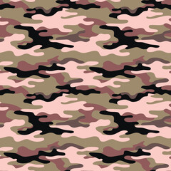 Seamless camouflage pattern with green, brown, black, and pink tones, perfect for military, hunting, and fashion applications