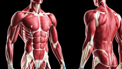 Visual representation of muscle groups with color-coded lines on a black background in modern medical style showcasing human anatomy