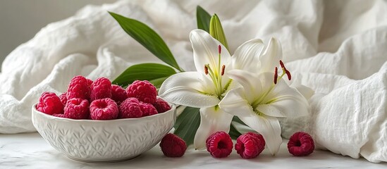 White bowl with raspberries, white lilies, green leaves, and scattered berries on a white textured cloth.