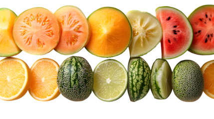 Collection of organic natural full sliced yellow rock melon and green watermelon fruit, isolated on white background with shadows, perfect for online menus