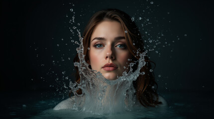 close-up of a young woman's face with water splashing on it.