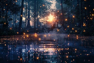 Fototapeta premium A mystical scene of glowing fireflies dancing above a forest pond at dusk, A mystical scene of glowing fireflies dancing above a tranquil pond at dusk