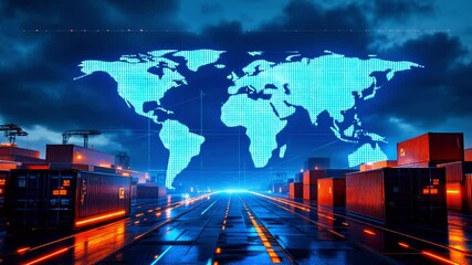 Futuristic shipping yard at night with illuminated containers and a digital world map projection - Powered by Adobe