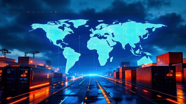 Futuristic shipping yard at night with illuminated containers and a digital world map projection - Powered by Adobe