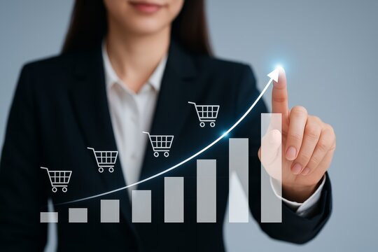 Businesswoman touches rising shopping cart graph, symbolizing e-commerce growth and sales success.