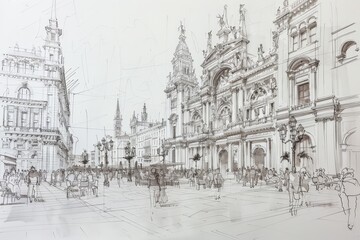 Fototapeta premium A pencil sketch of a busy city square with people walking in front of a grand, ornate building, Sketch a bustling city square with grand, ornate buildings towering overhead