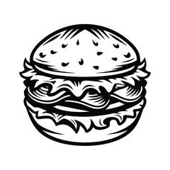 Black and White Icon Style Burger with Toppings, Monochrome Sandwich