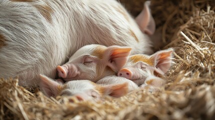 A newborn piglet snuggling with its siblings in hay