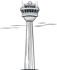 Black and white line drawing of a tall observation tower with an elevated viewing platform and antenna