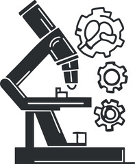 Black and white icon of a microscope with gears and cell illustration representing scientific research and biology study