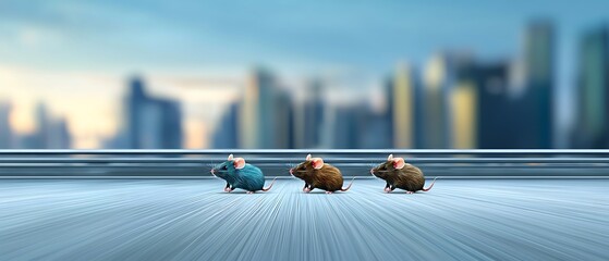Three mice, blue and brown, walk on metallic floor with blurred city background, in a long shot