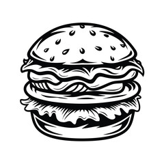 Delicious Burger in Black and White Outline Style, Classic Sandwich, Fast Food, Simple Art