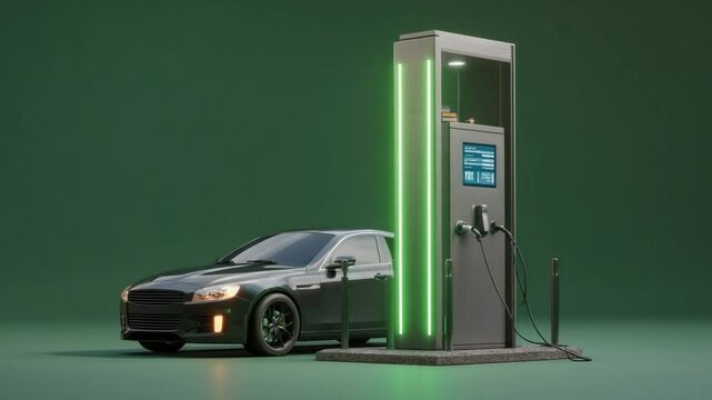 Charging Ahead: An electric vehicle stands poised beside a sleek charging station against a backdrop of modern design. This image captures a paradigm shift towards sustainable transport.