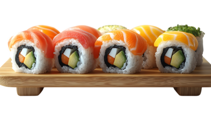 Assorted sushi rolls placed on a realistic wooden platter, isolated on white background