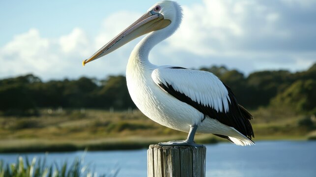 A pelican perched on a wooden post against the morning sky. - Powered by Adobe