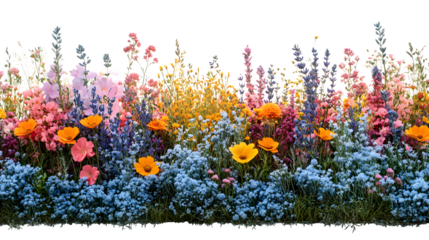 Assorted wildflowers and native grass patch arranged naturally, isolated on white background