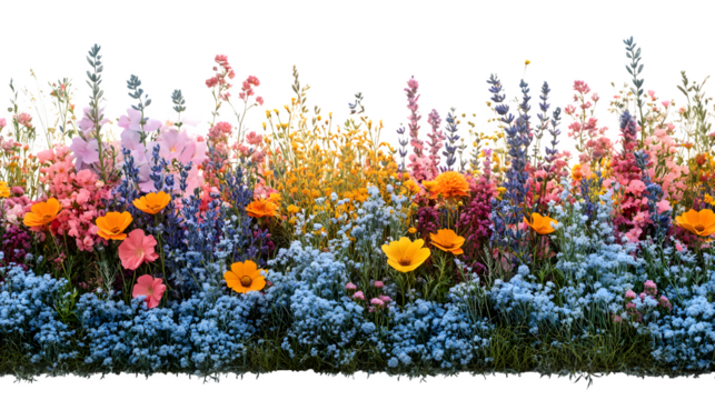 Assorted wildflowers and native grass patch arranged naturally, isolated on white background