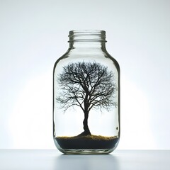 Leafless oak tree in a glass jar, on a white background