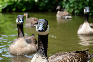 Obraz premium Geese honking amidst lush greenery in a serene pond on a sunny day