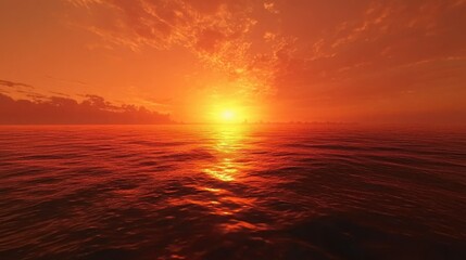 Fototapeta premium A fiery red and orange sunrise over the ocean horizon.
