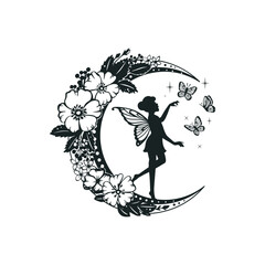 Silhouette of a fairy with flowers and moon. Vector illustration isolated on white background.