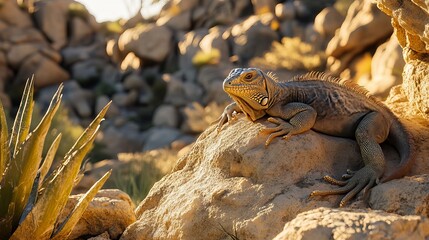 A detailed view of a lizard basking on a rocky surface, surrounded by desert vegetation in warm sunlight.