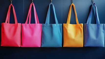 Colorful canvas tote bags hanging on a dark blue wooden pegboard.