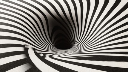 A black and white striped tunnel with a black hole at the end.