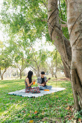 Asian Young couple enjoying a picnic on a blanket in a lush green park under sunlight surrounded by...