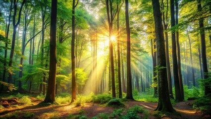 Fototapeta premium Forest dense, vibrant foliage, towering trees, sunlight filtering through