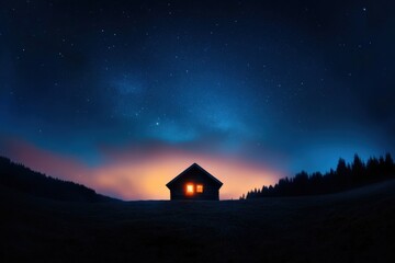 Cozy cabin under starry night