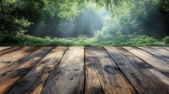 Forest floor, wooden planks, misty morning