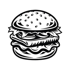 Detailed Black and White Burger Art Bun, Lettuce, Tomato, and Patty