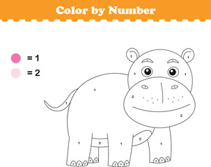 Color by numbers. Coloring page for kids. Coloring with cute hippopotamus. Vector illustration
