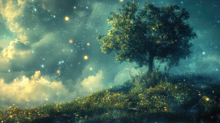 Magical tree on a hilltop, glowing fireflies, dreamy night sky.
