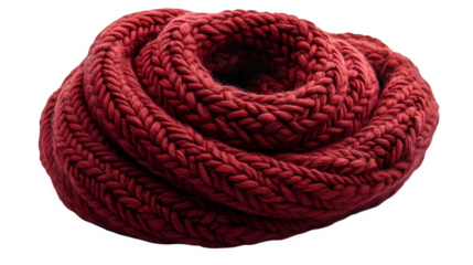 Cozy knitted red scarf rolled in a spiral shape isolated on white background