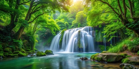 Obraz premium waterfall cascading through lush green forest scenery, serene natural beauty, peaceful atmosphere