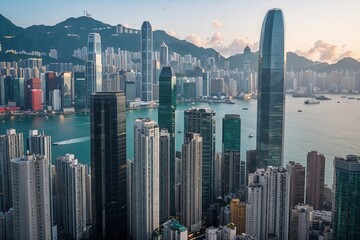 Morning Commute Boost in Hong Kong Financial Sector Featuring Skyscraper Views and Urban Development
