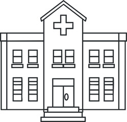 Outline illustration of a hospital building with medical cross symbol and multiple windows