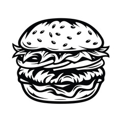 Monochrome Burger Detailed Outline, Layers of Lettuce, Meat, Seeds, White Background