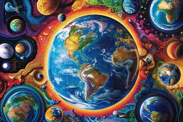 Naklejka premium 3D Colorful Earth Puzzle Showcasing Detailed Continents Celebrating Unity and Diversity