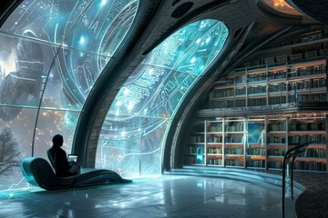 A futuristic library with holographic displays and spiraling bookshelves, lit with a blue glow, A futuristic library filled with holographic displays of knowledge