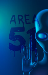 An alien in prison in a glass cell writes on the fogged glass words area 51. Background or poster for World UFO Day. Area 51 in Nevada. The head of an alien with big eyes. Hands with long fingers.
