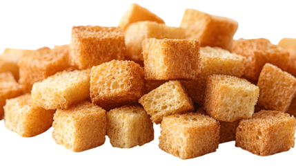 Crispy golden croutons in varied sizes, scattered and isolated on white background