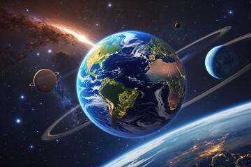 Obraz premium Stunning Artwork of Earth Highlighting Human Achievements and Milestones in Space Exploration