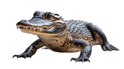 Obraz premium Crocodile side view with detailed skin texture and natural stance, isolated on white background